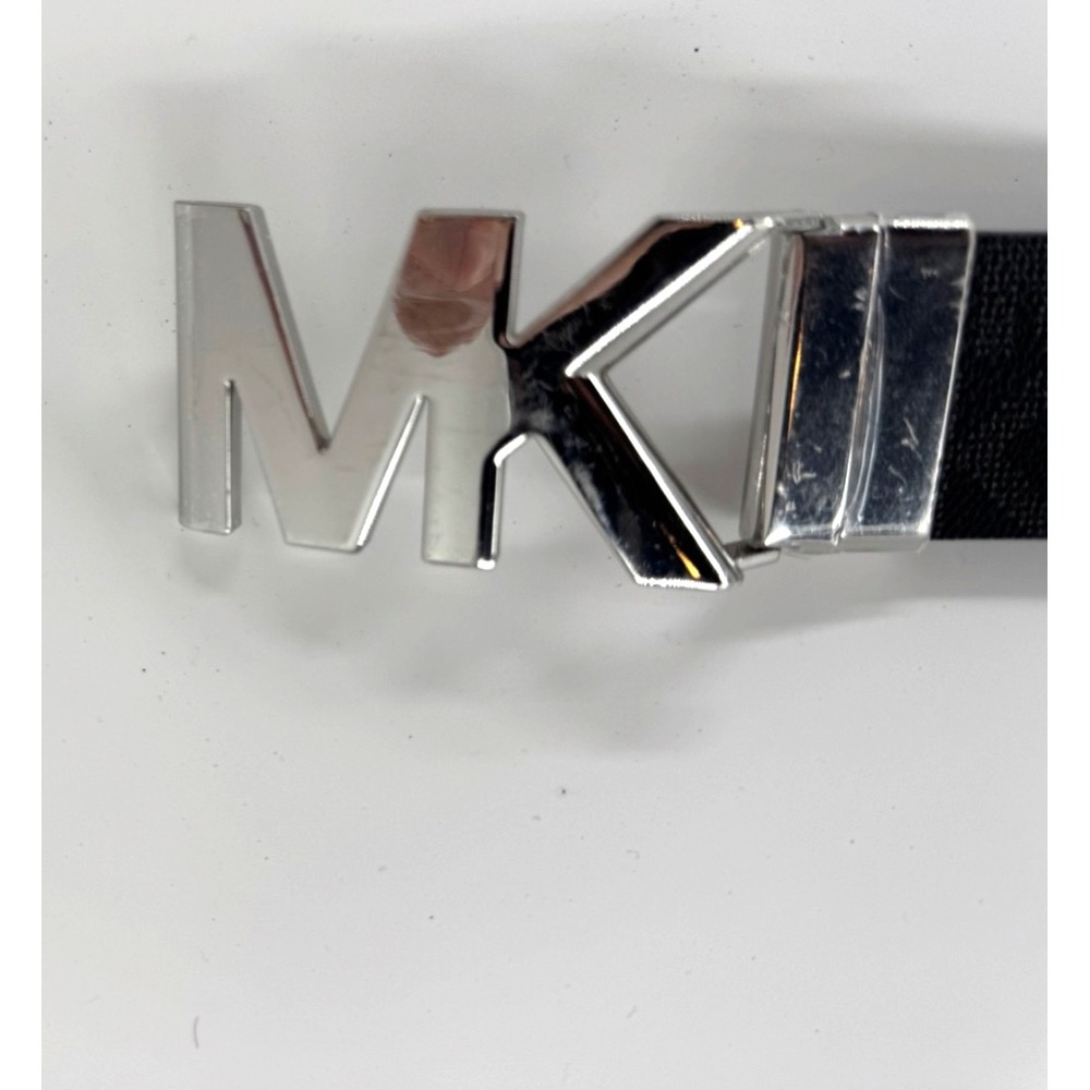 MK MICHAEL KORS Logo Buckle Reversible Belt silver Monogram black 42" L brown
